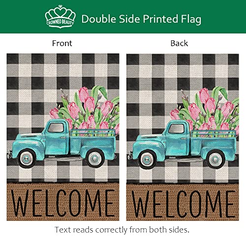 CROWNED BEAUTY Spring Garden Flag Blue Green Truck Floral Welcome 12×18 Inch Double Sided Outside Vertical Buffalo Plaid Holiday Yard Décor