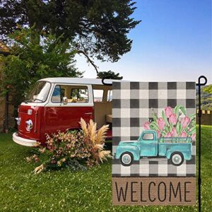 CROWNED BEAUTY Spring Garden Flag Blue Green Truck Floral Welcome 12×18 Inch Double Sided Outside Vertical Buffalo Plaid Holiday Yard Décor