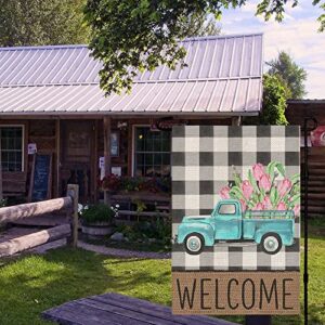 CROWNED BEAUTY Spring Garden Flag Blue Green Truck Floral Welcome 12×18 Inch Double Sided Outside Vertical Buffalo Plaid Holiday Yard Décor