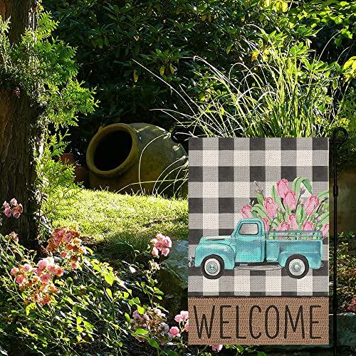 CROWNED BEAUTY Spring Garden Flag Blue Green Truck Floral Welcome 12×18 Inch Double Sided Outside Vertical Buffalo Plaid Holiday Yard Décor