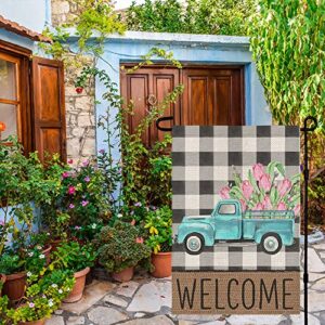 CROWNED BEAUTY Spring Garden Flag Blue Green Truck Floral Welcome 12×18 Inch Double Sided Outside Vertical Buffalo Plaid Holiday Yard Décor