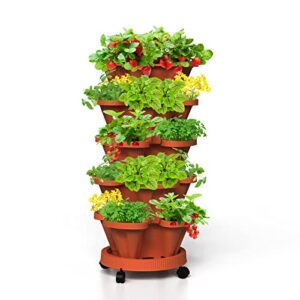 tectsia strawberry vertical planter tower garden, 5 tiered planter stackable herb garden planter with movable casters and bottom saucer indoor and outdoor – terra cotta