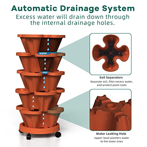 Tectsia Strawberry Vertical Planter Tower Garden, 5 Tiered Planter Stackable Herb Garden Planter with Movable Casters and Bottom Saucer Indoor and Outdoor - Terra Cotta