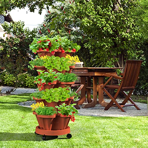 Tectsia Strawberry Vertical Planter Tower Garden, 5 Tiered Planter Stackable Herb Garden Planter with Movable Casters and Bottom Saucer Indoor and Outdoor - Terra Cotta