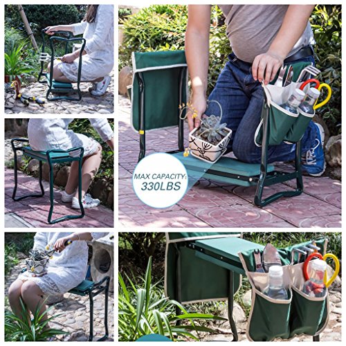 Garden Kneeler and Seat--Folding Garden Stool, Gardening Bench Supplies, Heavy Duty Kneeler with 2 Ex-Large Pouches, EVA Foam Thick Pad, Detachable Belt--Gardening Gift for Women Men Gardener Lovers