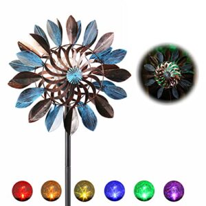 yunjackeydz 75in solar wind spinners for yard and garden 360 degrees swivel multi-color led lighting solar powered glass ball with kinetic windmills – metal sculpture – yard decorations outdoor