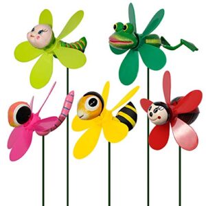 garden decor pinwheels, 5-pack colorful 3d lovely insect whirligig wind spinner windmill party favors garden yard lawn decorations toys for baby kids (5pcs mix set)