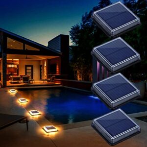 solar deck lights, driveway walkway dock light solar powered outdoor stair step pathway led lamp for backyard patio garden ground, auto on/off – warm white – square – 4 pack