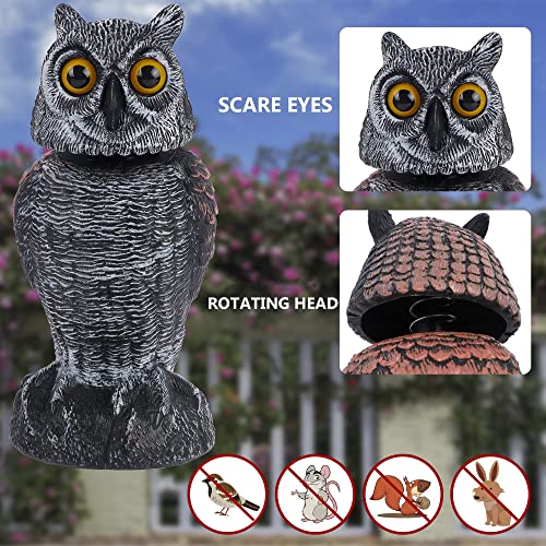 Hausse 2 Pack Bird Scarecrow Fake Owl Decoy Sculpture, Rotating Head Plastic Owl Bird Deterrents, 10.6 Inch Height Nature Enemy Horned Pest Repellent for Outdoor Garden Yard