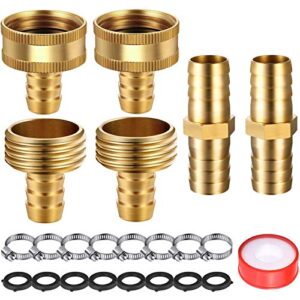 4 sets 1/2 inch solid brass garden hose connector hose mender water hose repair kit female male hose coupling with tape, stainless steel clamp and 3/4 inch rubber gasket