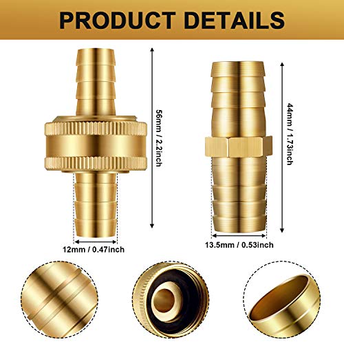 4 Sets 1/2 Inch Solid Brass Garden Hose Connector Hose Mender Water Hose Repair Kit Female Male Hose Coupling with Tape, Stainless Steel Clamp and 3/4 Inch Rubber Gasket