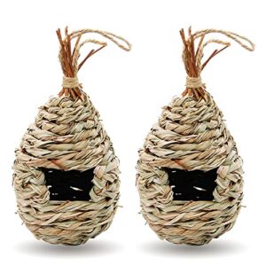 gute hummingbird house for outside, grass hanging wren finch song birds house for nesting, hand woven hummingbird nest for outdoor tree decorations gardening gift, 2 pack