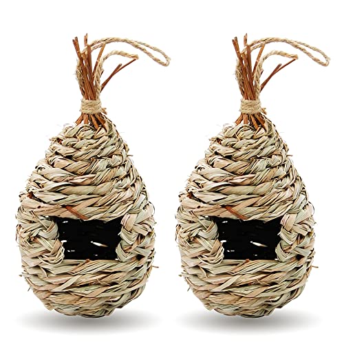 Gute Hummingbird House for Outside, Grass Hanging Wren Finch Song Birds House for Nesting, Hand Woven Hummingbird Nest for Outdoor Tree Decorations Gardening Gift, 2 Pack