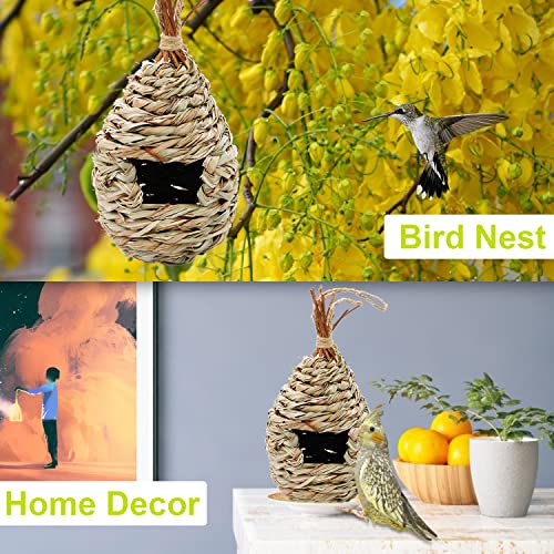 Gute Hummingbird House for Outside, Grass Hanging Wren Finch Song Birds House for Nesting, Hand Woven Hummingbird Nest for Outdoor Tree Decorations Gardening Gift, 2 Pack