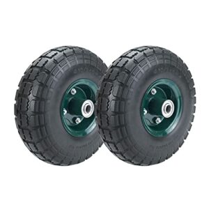 2 pcs 10″ flat free tires solid pneumatic tires wheels, 4.10/3.50-4 air less tires with 5/8 center bearings, for wheelbarrow/trolley dolly/garden wagon carts/hand truck/wheel barrel/lawn mower, 2 pack