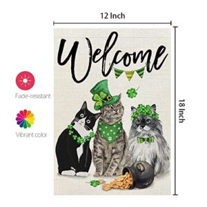 CROWNED BEAUTY St Patricks Day Cats Garden Flag 12x18 Inch Double Sided for Outside Small Burlap Green Shamrocks Clovers Welcome Yard Holiday Flag CF723-12