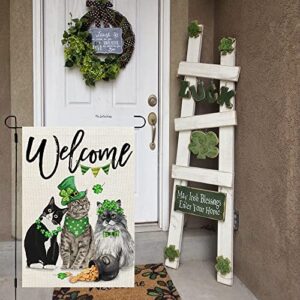 CROWNED BEAUTY St Patricks Day Cats Garden Flag 12x18 Inch Double Sided for Outside Small Burlap Green Shamrocks Clovers Welcome Yard Holiday Flag CF723-12