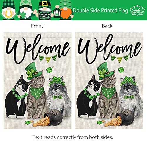 CROWNED BEAUTY St Patricks Day Cats Garden Flag 12x18 Inch Double Sided for Outside Small Burlap Green Shamrocks Clovers Welcome Yard Holiday Flag CF723-12