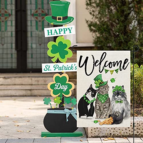 CROWNED BEAUTY St Patricks Day Cats Garden Flag 12x18 Inch Double Sided for Outside Small Burlap Green Shamrocks Clovers Welcome Yard Holiday Flag CF723-12