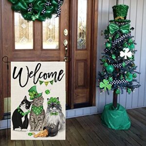 CROWNED BEAUTY St Patricks Day Cats Garden Flag 12x18 Inch Double Sided for Outside Small Burlap Green Shamrocks Clovers Welcome Yard Holiday Flag CF723-12