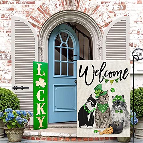 CROWNED BEAUTY St Patricks Day Cats Garden Flag 12x18 Inch Double Sided for Outside Small Burlap Green Shamrocks Clovers Welcome Yard Holiday Flag CF723-12