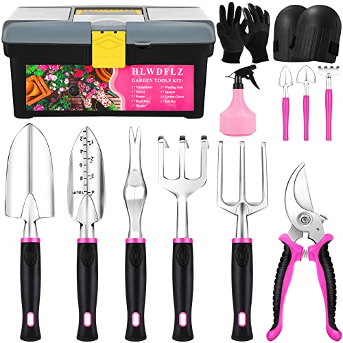 HLWDFLZ Garden Tool Set - 13 Pieces Heavy Duty Aluminum Gardening Tools, Gardening Gifts for Women, with Storage Box Pruning Shears Gardening Knee Pads Succulent Tools, Pink