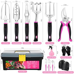 HLWDFLZ Garden Tool Set - 13 Pieces Heavy Duty Aluminum Gardening Tools, Gardening Gifts for Women, with Storage Box Pruning Shears Gardening Knee Pads Succulent Tools, Pink