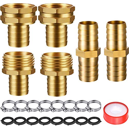 4 Set 3/4 Inch Solid Brass Garden Hose Connector Hose Mender, Water Hose Repair Kit Female and Male Hose Connector with Tape, Stainless Steel Clamp and Rubber Gasket