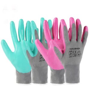 haushof 6 pairs garden gloves for women, nitrile coated working gloves, for gardening, restoration work, pink & green, m