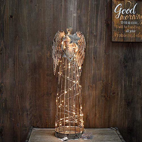 Antiqued Metal Garden Angel Statue with Star Wand, Indoor Outdoor Yard Art Decor Lawn Patio Decorations Holiday Present Idea, 26inH (Star Wand)