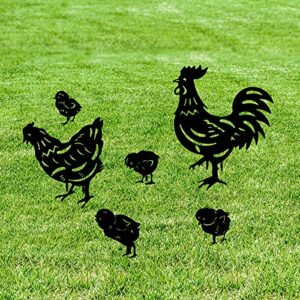 6pcs chicken yard art garden metal statue decor, lifelike rooster hen animals stakes outdoor decorations, black hollow out chickens family silhouette sets for farmhouse pathway lawn (b)