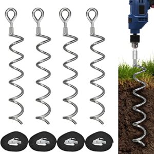 xyadx16.3 inch spiral ground anchor heavy duty earth anchor kit for tents, trampoline, garden fence, sheds, swings, canopies, dog tie out stake (silver 4 pack)