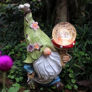 qukueoy garden gnomes statues outdoor decor with solar lights, animal outside garden decorations for yard, funny gnome gifts (green)