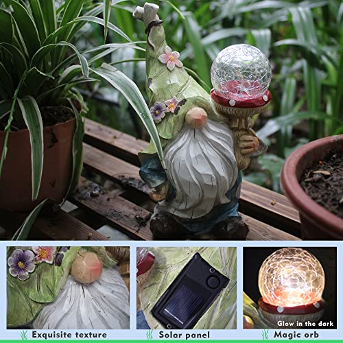 Qukueoy Garden Gnomes Statues Outdoor Decor with Solar Lights, Animal Outside Garden Decorations for Yard, Funny Gnome Gifts (Green)