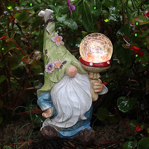 Qukueoy Garden Gnomes Statues Outdoor Decor with Solar Lights, Animal Outside Garden Decorations for Yard, Funny Gnome Gifts (Green)