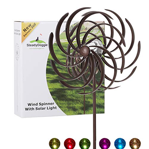 Solar Wind Spinner Willow Leaves-Improved 360 Degrees Swivel Multi-Color LED Lighting Solar Powered Glass Ball with Kinetic Wind Spinner-Metal Sculpture Construction-Outdoor Yard Lawn & Garden