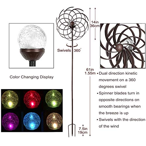 Solar Wind Spinner Willow Leaves-Improved 360 Degrees Swivel Multi-Color LED Lighting Solar Powered Glass Ball with Kinetic Wind Spinner-Metal Sculpture Construction-Outdoor Yard Lawn & Garden