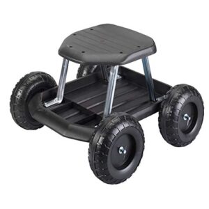 rolling garden cart scooter with seat and utility tool storage tray, black
