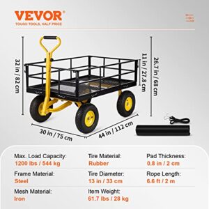 VEVOR Steel Garden Cart, Heavy Duty 1200 lbs Capacity, with Removable Mesh Sides to Convert into Flatbed, Utility Metal Wagon with 2-in-1 Handle and 13 in Tires, Perfect for Garden, Farm, Yard