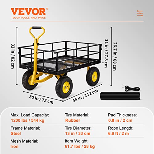 VEVOR Steel Garden Cart, Heavy Duty 1200 lbs Capacity, with Removable Mesh Sides to Convert into Flatbed, Utility Metal Wagon with 2-in-1 Handle and 13 in Tires, Perfect for Garden, Farm, Yard