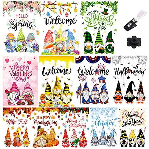 Gnome Seasonal Garden Flags, Small Welcome Gnome Garden Decor Yard Flag Set of 12 Double Sided Printed, Spring Easter Flags Decor for Outdoor Decorations,Holiday Garden Flags for All Seasons 12x18