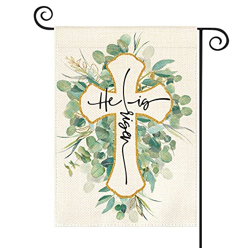 AVOIN colorlife He Is Risen Garden Flag 12x18 Inch Double Sided Outside, Easter Eucalyptus Sping Yard Outdoor Decoration