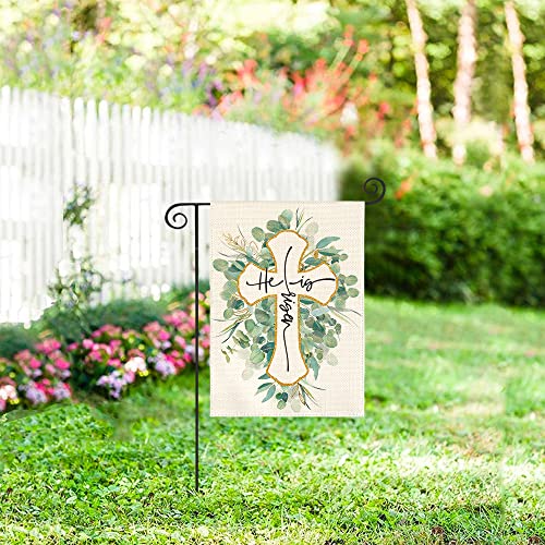 AVOIN colorlife He Is Risen Garden Flag 12x18 Inch Double Sided Outside, Easter Eucalyptus Sping Yard Outdoor Decoration