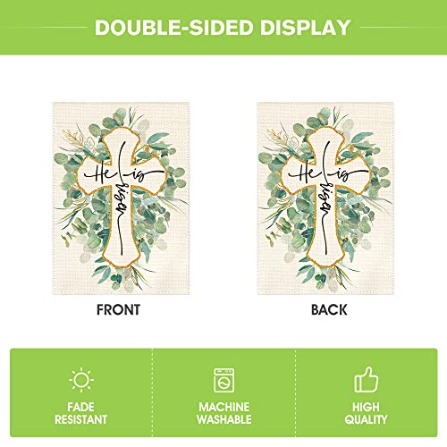 AVOIN colorlife He Is Risen Garden Flag 12x18 Inch Double Sided Outside, Easter Eucalyptus Sping Yard Outdoor Decoration