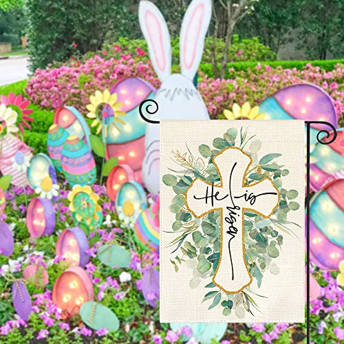 AVOIN colorlife He Is Risen Garden Flag 12x18 Inch Double Sided Outside, Easter Eucalyptus Sping Yard Outdoor Decoration