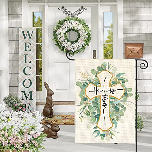 AVOIN colorlife He Is Risen Garden Flag 12x18 Inch Double Sided Outside, Easter Eucalyptus Sping Yard Outdoor Decoration