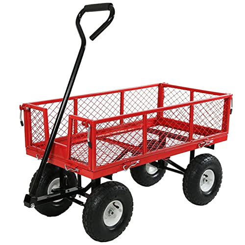 Sunnydaze Utility Steel Garden Cart, Outdoor Lawn Wagon with Removable Sides, Heavy-Duty 400 Pound Capacity, Red