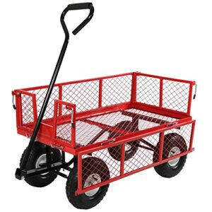 Sunnydaze Utility Steel Garden Cart, Outdoor Lawn Wagon with Removable Sides, Heavy-Duty 400 Pound Capacity, Red