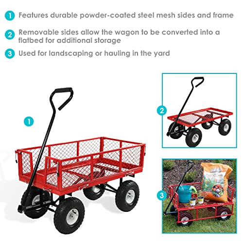 Sunnydaze Utility Steel Garden Cart, Outdoor Lawn Wagon with Removable Sides, Heavy-Duty 400 Pound Capacity, Red