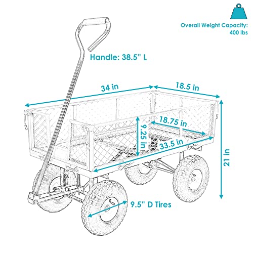 Sunnydaze Utility Steel Garden Cart, Outdoor Lawn Wagon with Removable Sides, Heavy-Duty 400 Pound Capacity, Red